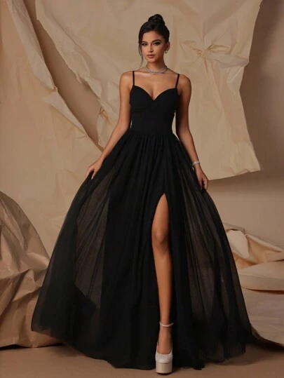  VIPGIRL Spaghettiband Hög midja bantning och benförlängning Aftonfestklänning för kvinnor Svart Elegant formell balklänning för balklänning, för examen, middag