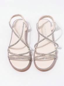 新款夏季裝飾鑽石流行彈性帶多功能羅馬假期風格柔軟平底涼鞋