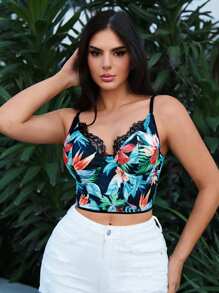 SHEIN SXY Vacation Plant Print Stretch Knit Halter Bodice Top With Lace Trim - Multicolor - View 1