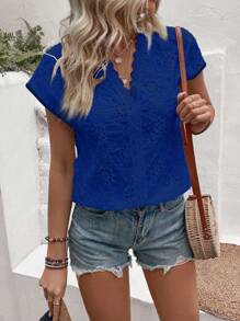 SHEIN LUNE Camisa De Las Mujeres Con Cuello En V, Encaje De Retales Y Bordado - Azul - Ver 3
