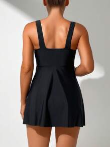 SHEIN Swim Solid Color Heart Shaped Neckline Stylish Summer Beach Tankini Dress - Black - View 2