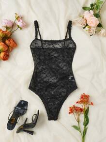 SHEIN Privé Women Black Lace Patchwork See-Through Cami Bodysuit - Black - View 1