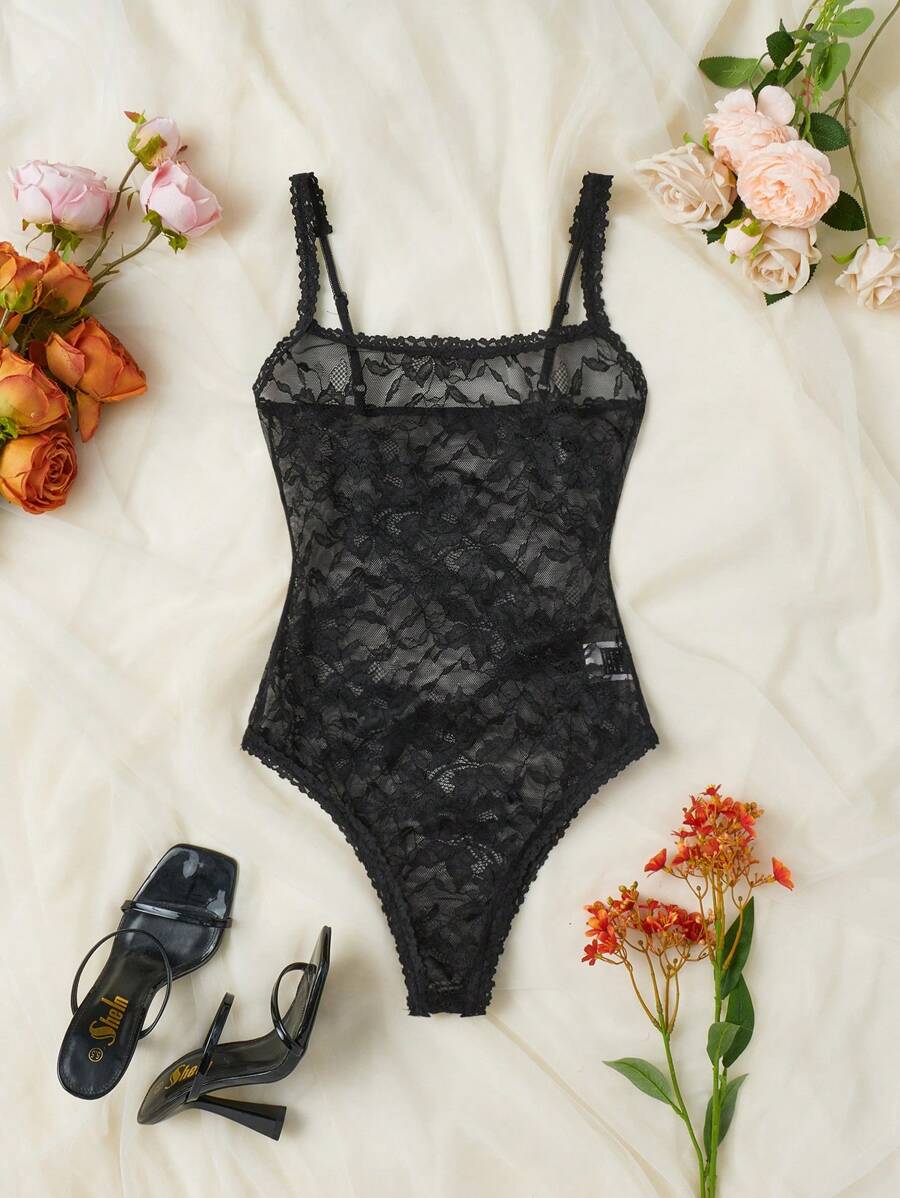 SHEIN Privé Women Black Lace Patchwork See-Through Cami Bodysuit - Black - View 1