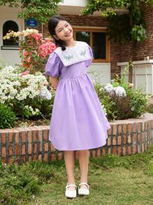 SHEIN Tween Girl Loose Casual Color-Block Embroidered Big Lapel Puff Sleeve Dress