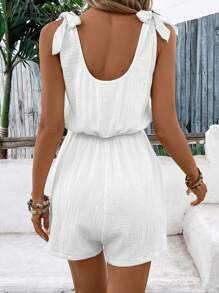 Vivid Eden Macacão Casual Feminino de Verão sem Manga, Decote V Off-Shoulder com Detalhe de Nó e Botão - Branco - Visão 2