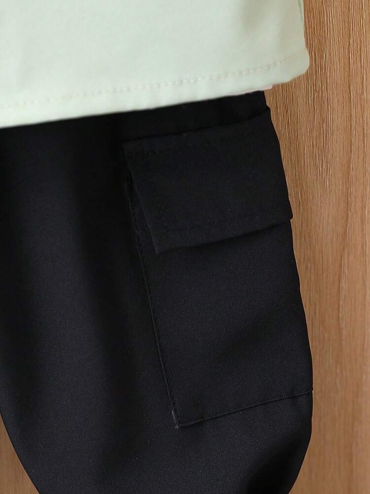 Baby Boy Alphabet Print Button-Up Hooded Short Sleeve Top And Cargo Pants Set, Summer Fashion