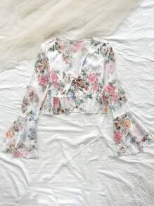 SHEIN Dreamara Vacation Floral Print Long Sleeve Shirt With Ruffle Trim