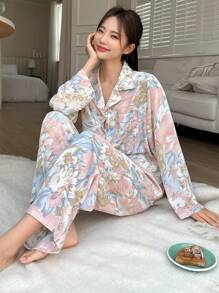 DAZY Conjunto de pijama floral estampado sencillo para mujer