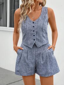 SHEIN Clasi Women Summer Casual Striped Color Block Front Button Vest And Shorts Two-Piece Set - Black and White - View 3