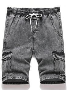 Manfinity LEGND Men Drawstring Waist Slim Fit Casual Denim Cargo Shorts - Grey - View 1