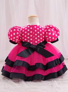 SHEIN Glamorique Kids 嬰兒女孩波點印花網紗拼接裙子，氣泡袖和蝴蝶結裝飾泡沫裙