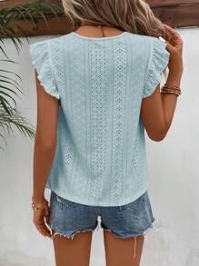 SHEIN Frenchy Dây giày thêu Ruffle Trim cổ tròn ren trang trí Tee - Màu xanh lam - Xem 2