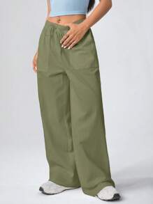 SHEIN EZwear Pantalones largos casuales y flojos para mujeres tejidos en verde claro - Verde militar - Ver 4