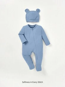 Cozy Pixies 男婴童素色拉鏈開襟連體睡衣&3D耳朵設計帽