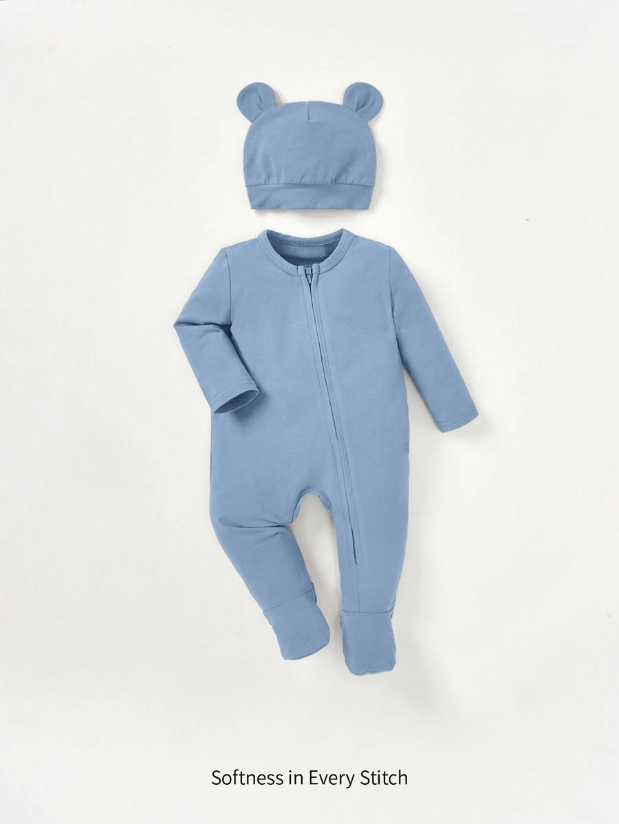Cozy Pixies 男婴童素色拉鏈開襟連體睡衣&3D耳朵設計帽