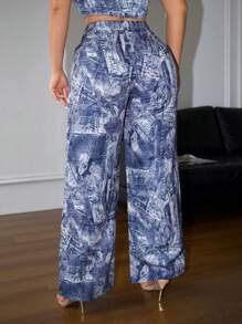 SHEIN SXY x STAS Ladies' Denim Effect Water Printed Zipper Detail Pants - Multicolor - View 2