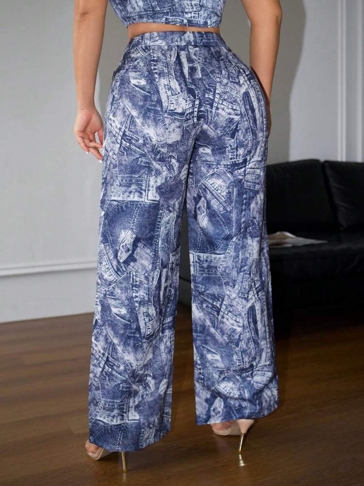 Ladies' Denim Effect Water Printed Zipper Detail Pants