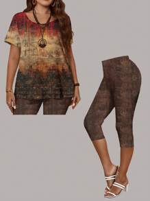 EMERY ROSE Sommerliche, lässige Retro T-Shirt Top und schmale 7/8 Leggings Set, Damem 2 Stücke Outfit in großen Größen