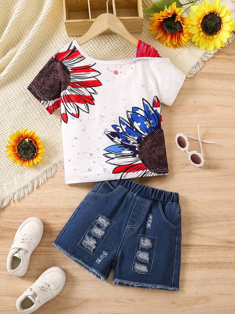 Young Girl Summer Sunflower Print Asymmetrical Collar Short Sleeve T-Shirt And Ripped Denim Shorts Casual Two-Piece Set