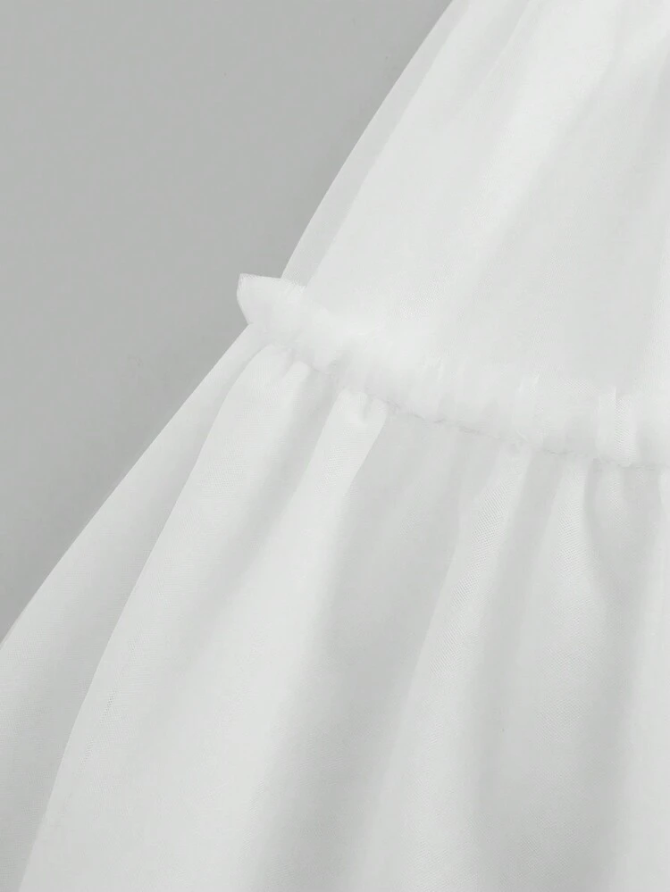 Summer Bow Detail Embellished Splicing Mesh Ruffle Hem A-Line Spaghetti Strap Dress