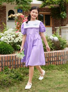 SHEIN Tween Girl Loose Casual Color-Block Embroidered Big Lapel Puff Sleeve Dress