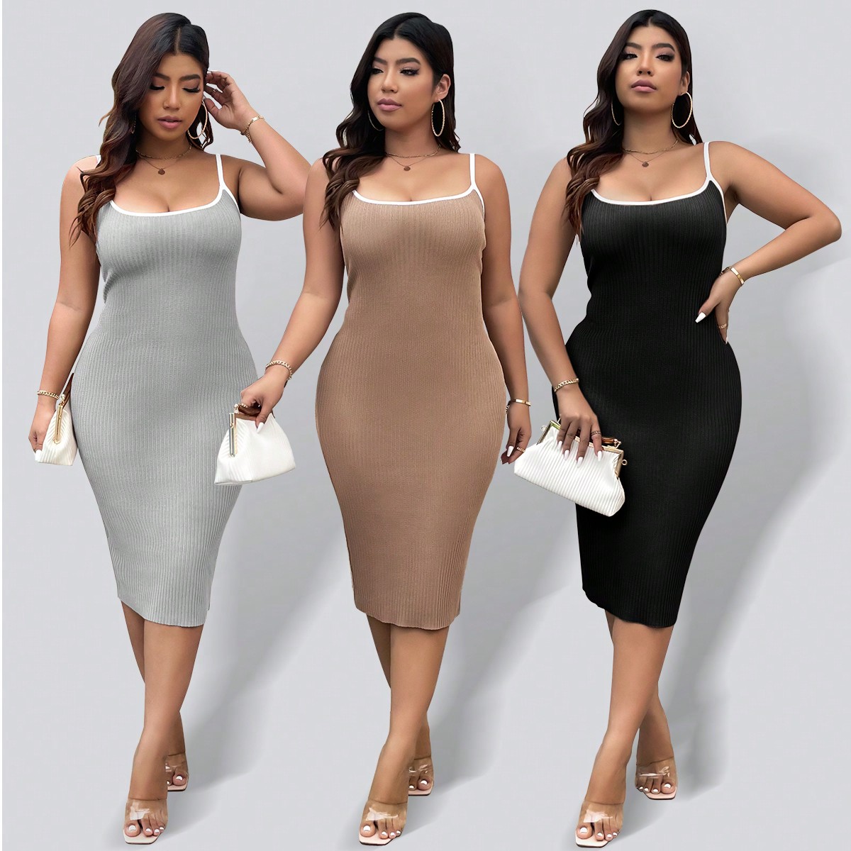 Robe moulante Ã rÃ©servoir tricotÃ©e cÃ´telÃ©e Ã blocs de couleurs et Ã forfait hanche de grande taille