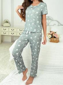 CottageSlumber Women Simple Daily Floral Printed Short-Sleeve And Long Pants Pajama Set - Mint Green - View 6