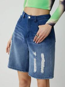 SHEINNeu Women Solid Color Distressed Denim Shorts With Pockets And Buttons