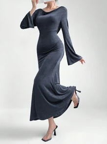 Mulvari Women Long Dress With Swing Neckline Design And Bell Sleeves