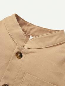 Cozy Pixies Baby Boy Button Front Curved Hem Shirt - Khaki - View 5