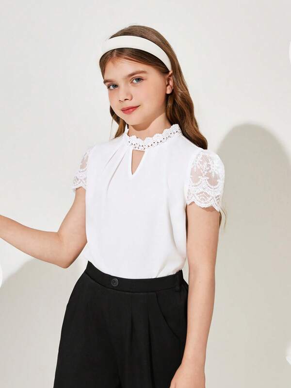 Ontre Tween Girl Casual Spring/Summer Woven Lace Short Sleeve Shirt