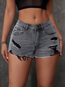 SHEIN ICON 女性休閑牛仔短褲，帶口袋，撕裂細節，磨損邊緣 - 淺灰色 - 查看 6