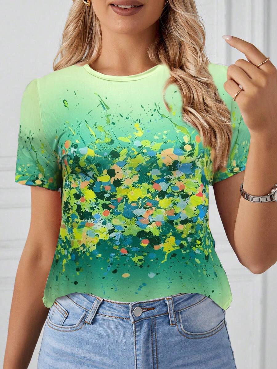 SHEIN LUNE Áo thun tay ngắn cổ tròn in ngẫu nhiên cỡ lớn - màu xanh lá - Xem 1