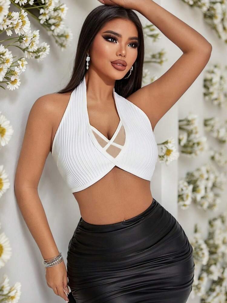 Fashionable Women's White Bandage, Sexy And Elegant, High-End Holiday Style, Sleeveless Tight-Fitting Cross Halter Neck, Hollow Mesh Splicing, High-Elastic Textured Short Tank Top