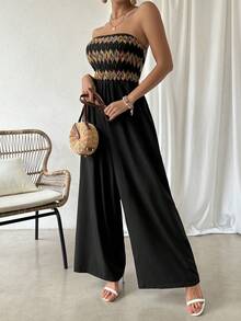 SHEIN Essnce Colorful Vacation Leisure Tube Jumpsuit With Cinching Waist And Patchwork - Black - View 6