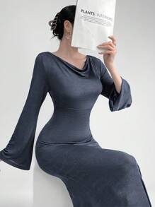 Mulvari Women Long Dress With Swing Neckline Design And Bell Sleeves