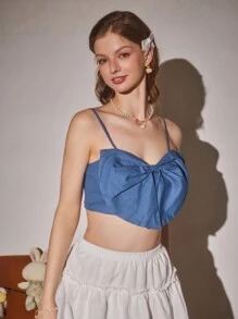 Aveloria Rosie Top de mezclilla corto con cami, decoración de lazo y espalda fruncida