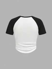 SHEIN Girlism Teen Girl Knitted Patchwork Letter Print Casual Pleated T-Shirt - Black and White - View 2