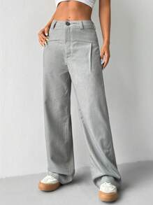 SHEIN Unity Solid Color High Waist Straight Leg Suit Pants - Grey - View 6