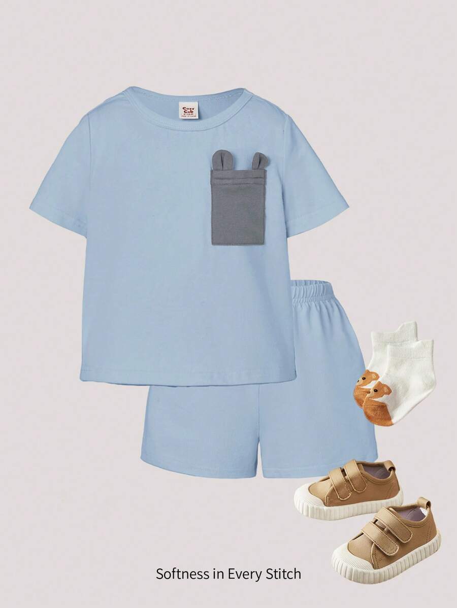 Cozy Pixies 男嬰拼接面補丁貼口袋T恤和短褲 - 淺藍色 - 查看 1