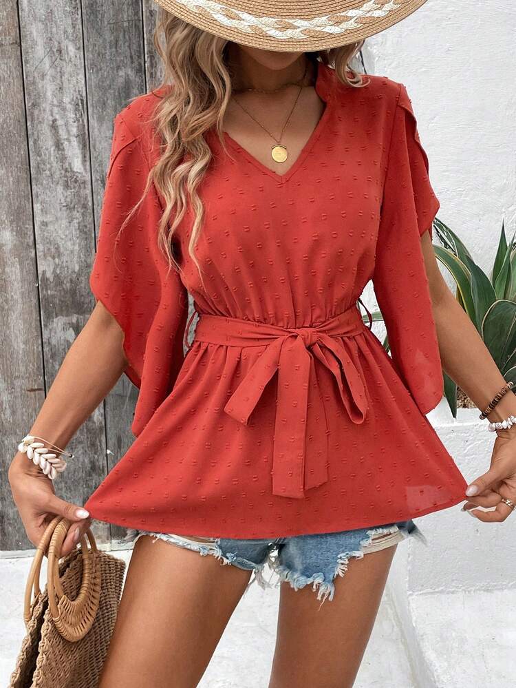 Solid Color Notched Neck Leisure Style Summer T-Shirt