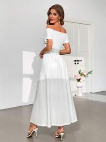 SHEIN Privé 女士优雅简约褶皱口袋休闲露肩夏季长裙适合节日、日常、婚礼、母亲节、毕业季 - 白色 - 查看 3