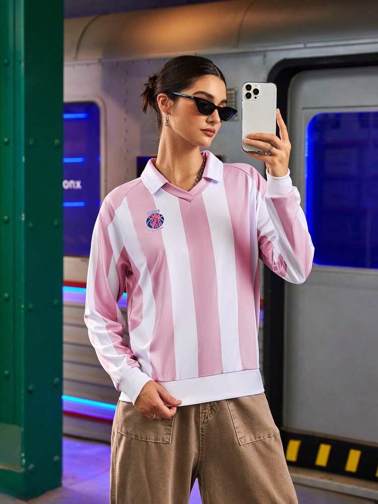 Women Striped Printed Casual Daily Long Sleeve Polo Shirt For Sports