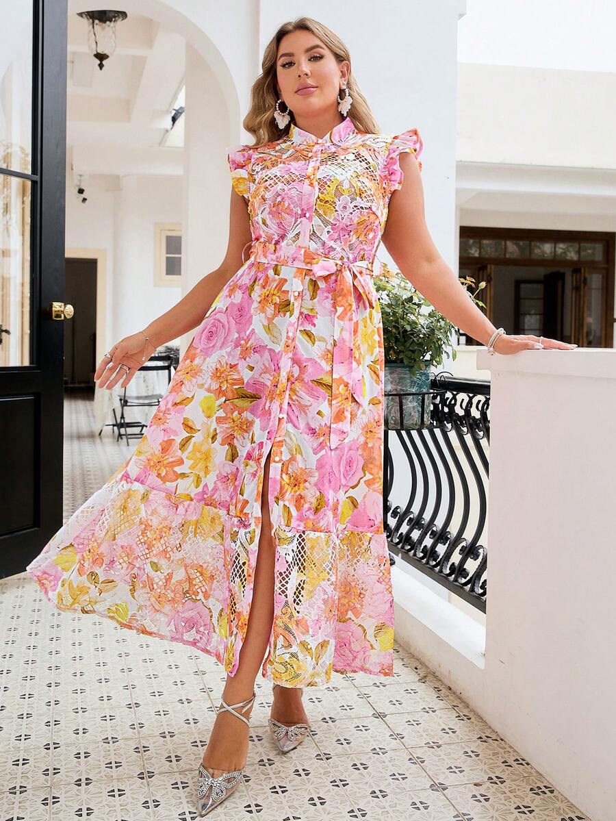 Simplee 大码女式花卉蕾丝印花荷叶边袖孔系腰连衣裙 - 粉色 - 查看 1