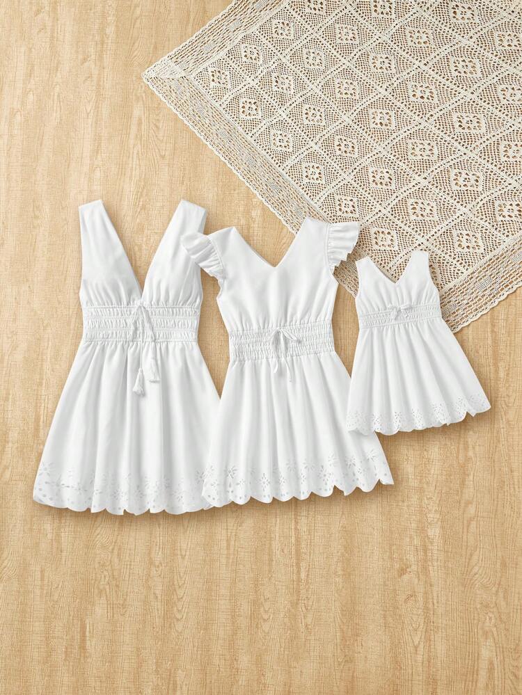 Tween Girls' Vacation & Casual Spring/Summer Solid Color Woven V-Neck Flutter Sleeve Waist Tie Dress