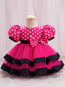 SHEIN Glamorique Kids 嬰兒女孩波點印花網紗拼接裙子，氣泡袖和蝴蝶結裝飾泡沫裙