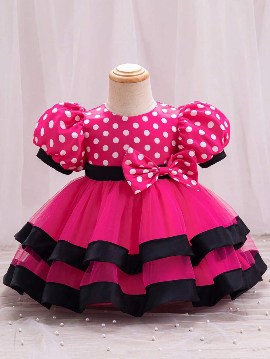 SHEIN Glamorique Kids 嬰兒女孩波點印花網紗拼接裙子，氣泡袖和蝴蝶結裝飾泡沫裙