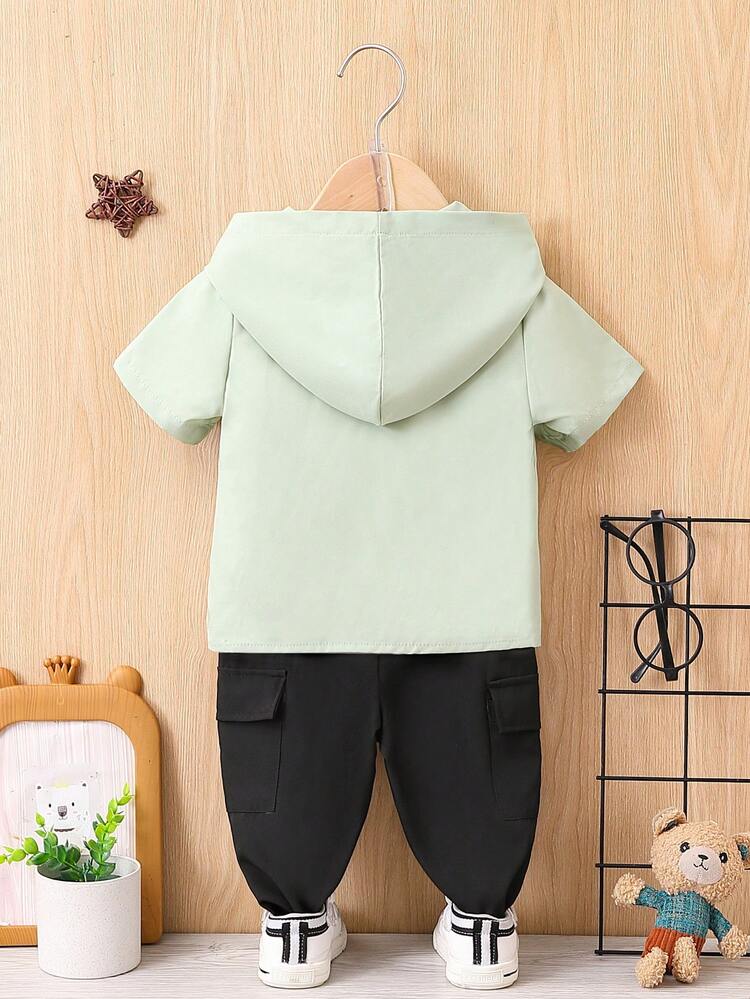 Baby Boy Alphabet Print Button-Up Hooded Short Sleeve Top And Cargo Pants Set, Summer Fashion