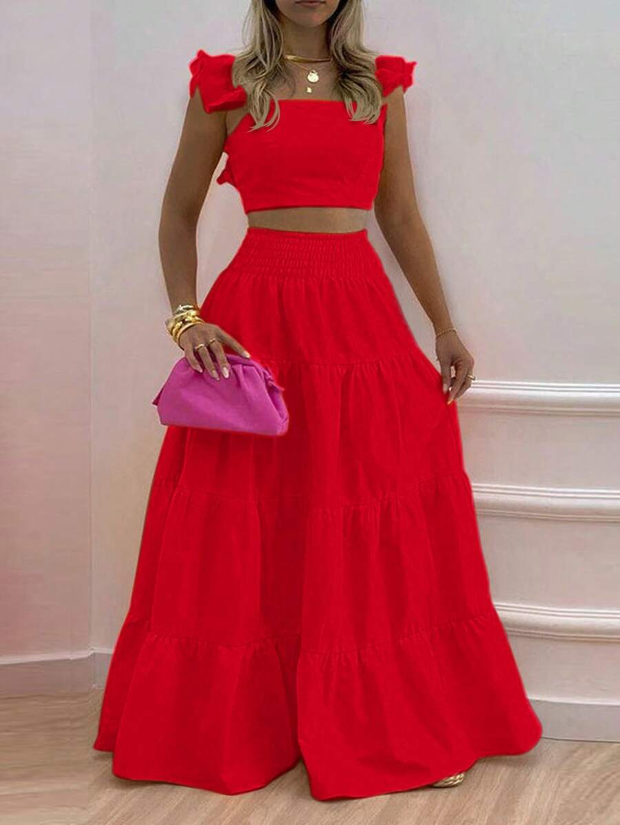 Slaydiva Vacation Cap Sleeve Whipping Camisole Top And Long Layered Summer Skirt - Red - View 1