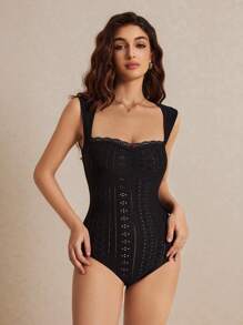 Poéselle 女式黑色荷叶边开襟连体衣、纯色无袖开襟露背刺绣修身吊带连体衣、挤奶女工连体衣、夏季黑色连体衣、蕾丝连体衣 - 黑色 - 查看 5